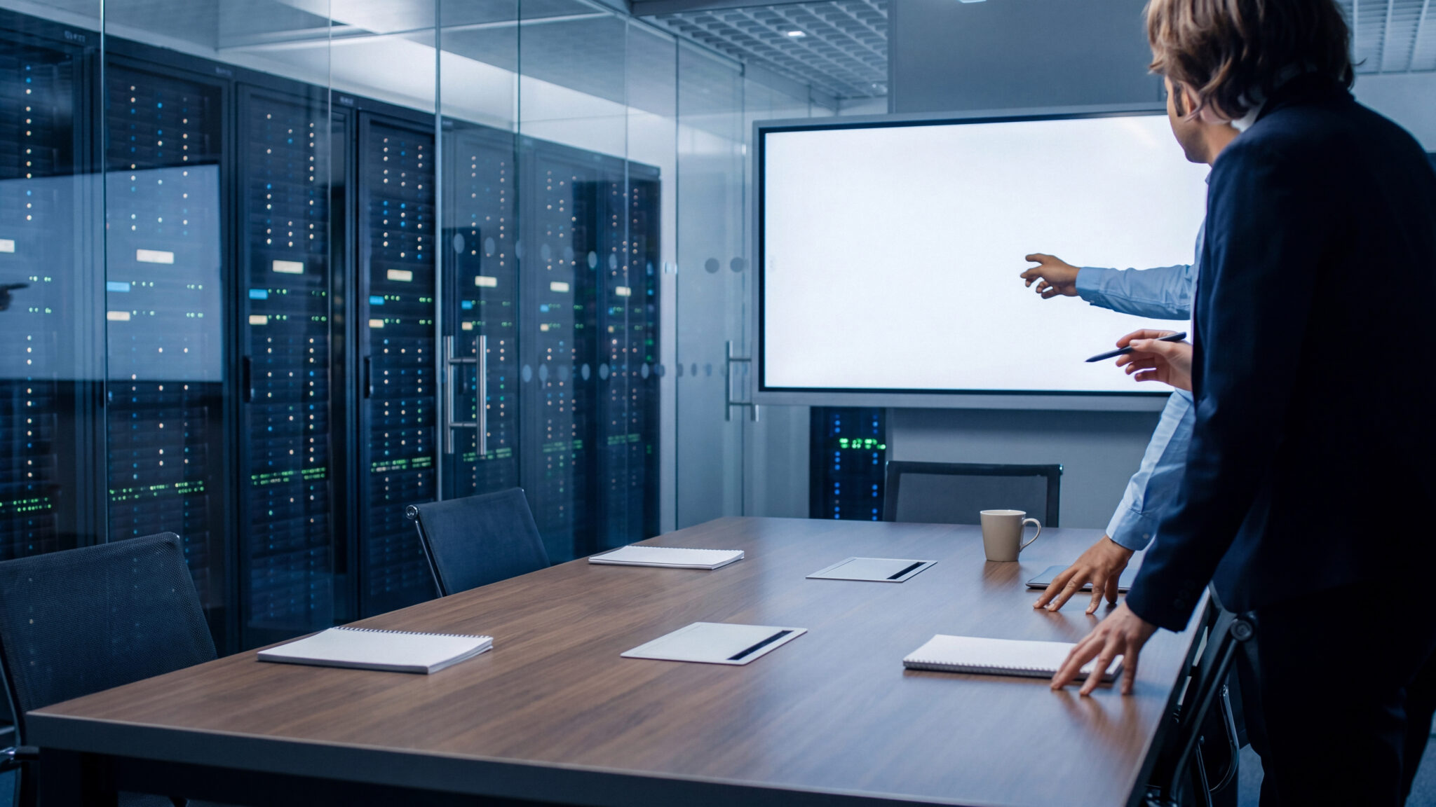 Business professionals discuss presentation in a modern data center conference room with a blank screen.