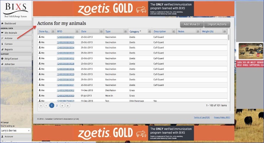 A screenshot from the BIXS system shows data on the vaccinations a rancher has given his or her herd.
