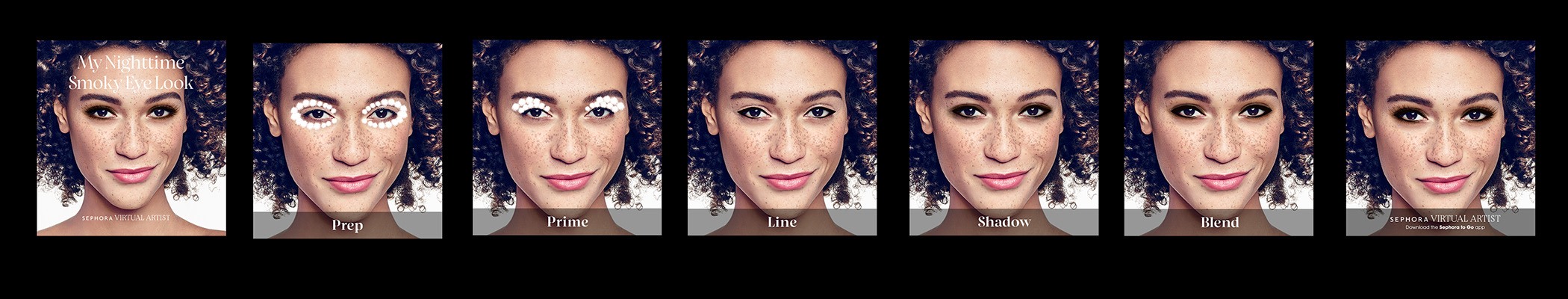 These images represent each step of Sephora's Tutorial for smokey eyes on a user's iPhone. The feature uses augmented reality such that the smokey eye is applied on one's own photo.