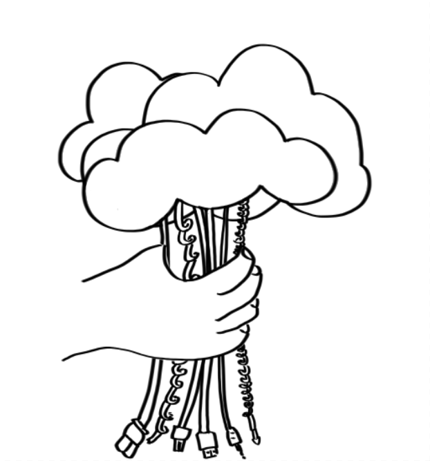 Hand holding cloud of cords