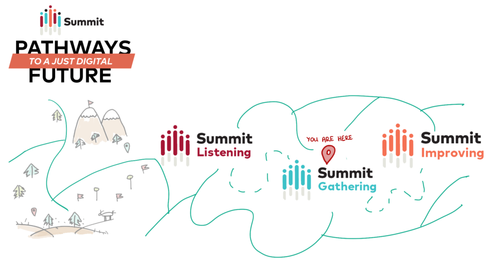 Summit journey graphic with marker over summit gathering
