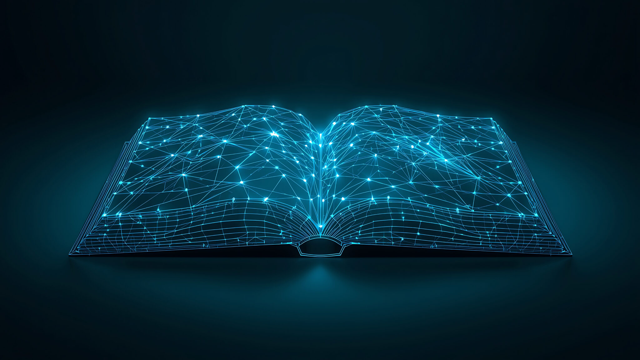 Abstract glowing digital book made of illuminated circuits and data streams on a dark background