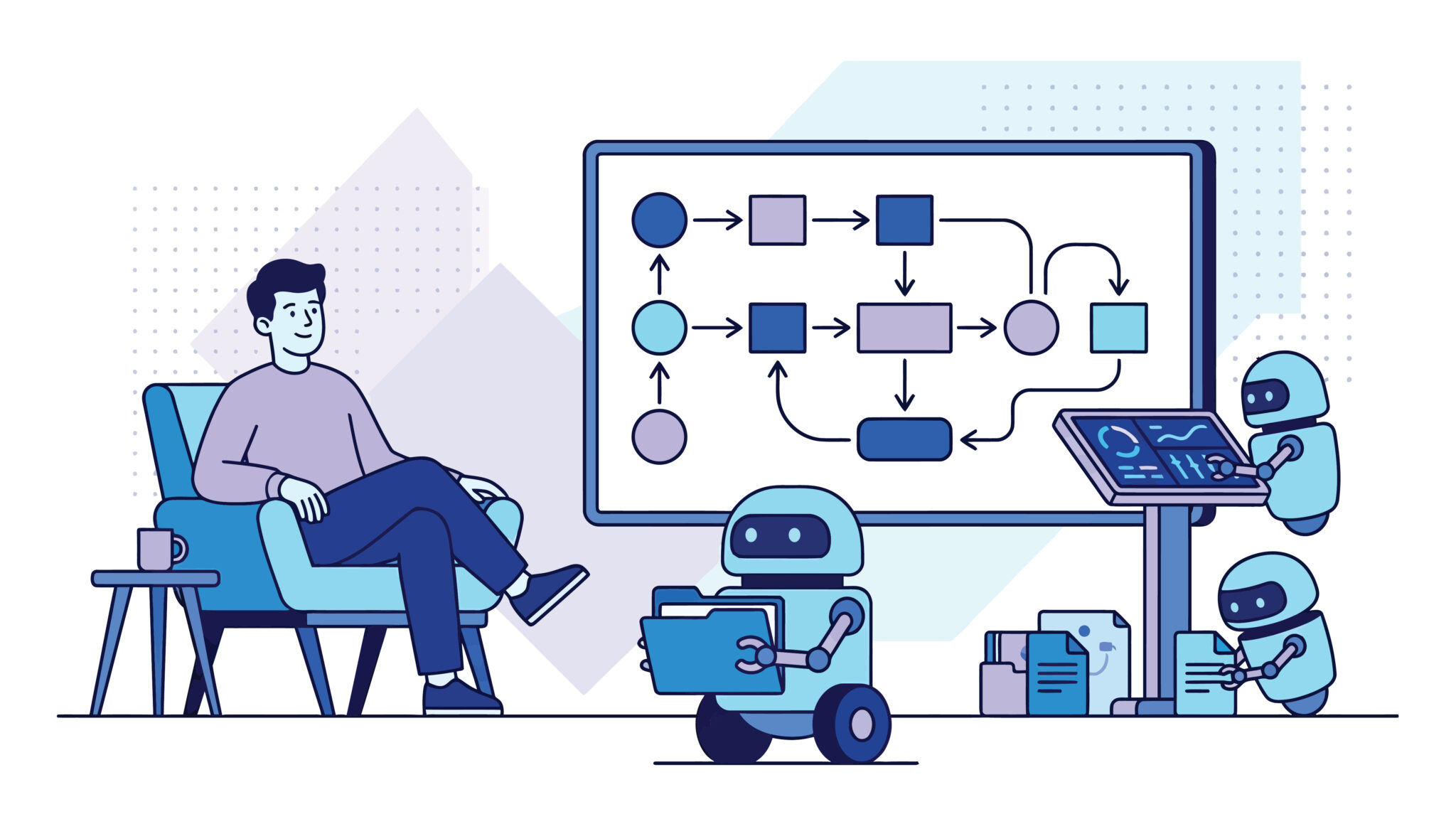Relaxed Man Sitting in Chair with AI Robots Managing Flowchart, Files, and Control Panel Flat Illustration