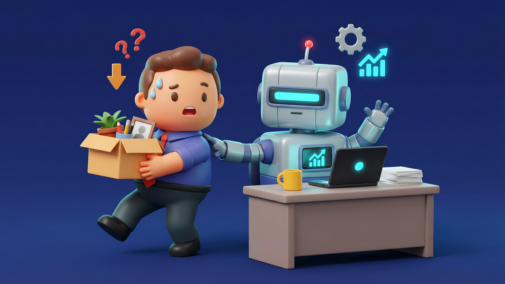 AI replacing worker fear conceptual 3D character being displaced by automation robot in office desk setting for business presentation and corporate marketing