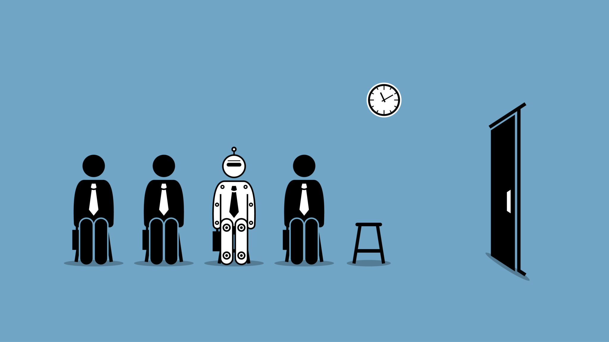 Robot at job interview competing with human for work in technological revolution. Vector illustrations depict concept of future technology and artificial intelligence replacing mankind at workplace.