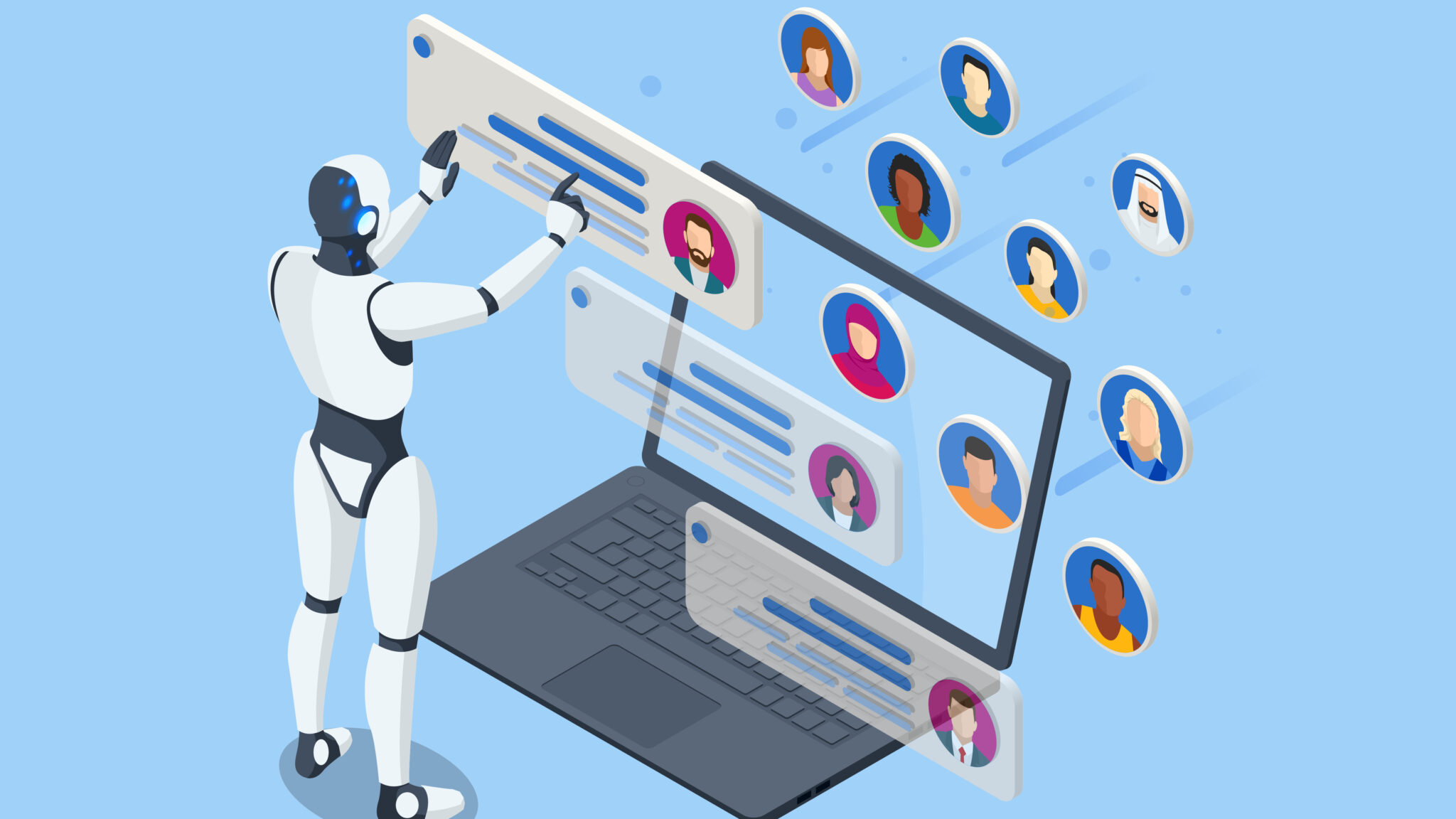 An isometric robot processes employee or personnel databases, handling data analysis. Acting as an HR manager, it leverages artificial intelligence for big data insights. Robot HR manager.