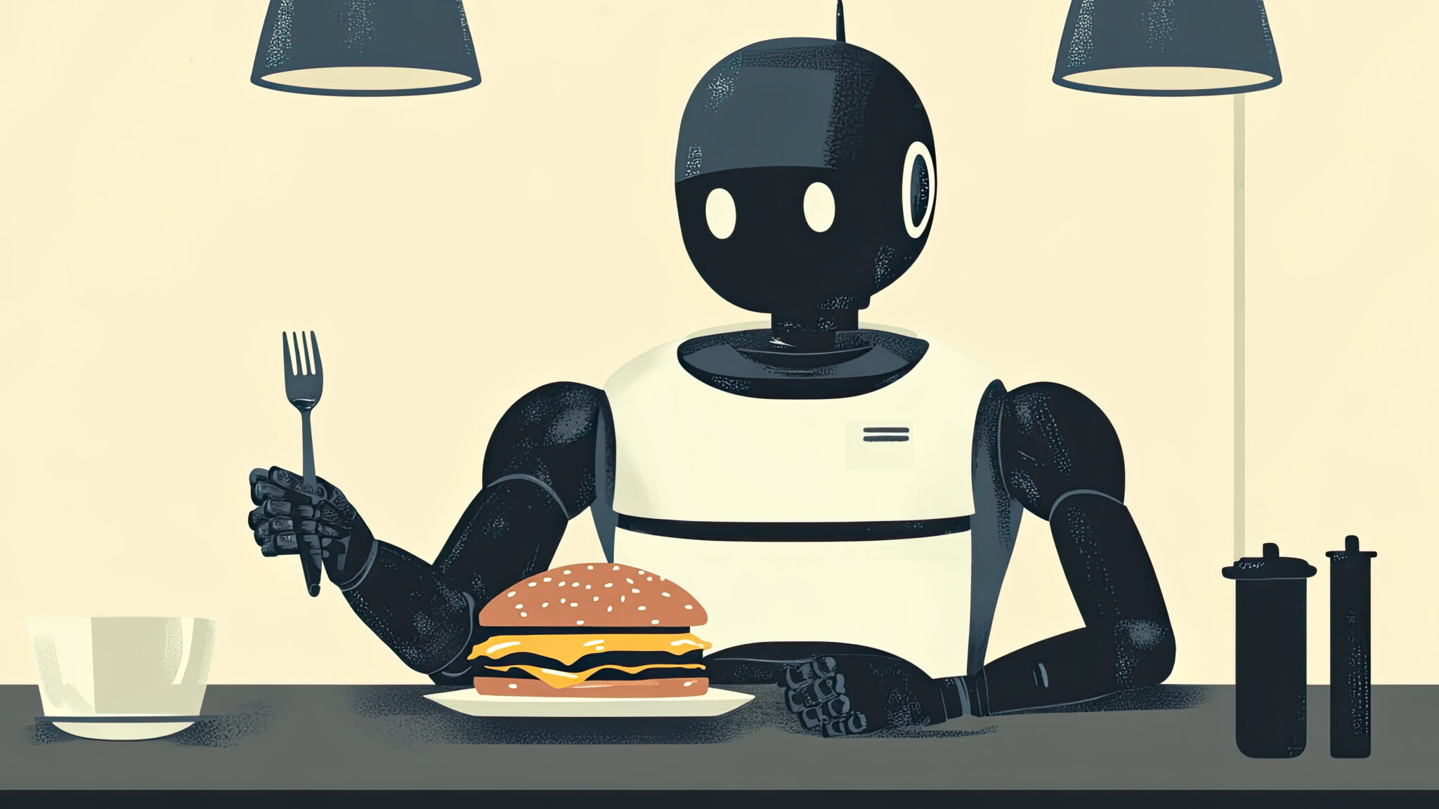 A humanoid robot seated at a table, holding a fork and preparing to eat a burger, illustrating the integration of AI and robotics into everyday human activities.