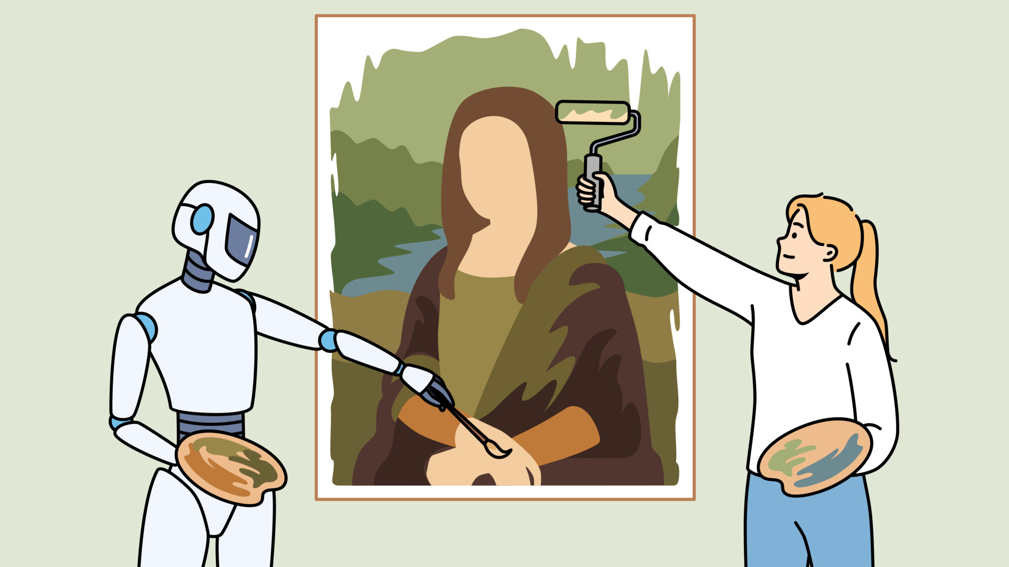 Creation of artwork using artificial intelligence and neural networks demonstrates person and humanoid drawing picture. Process of making artwork by AI robot and female professional artist
