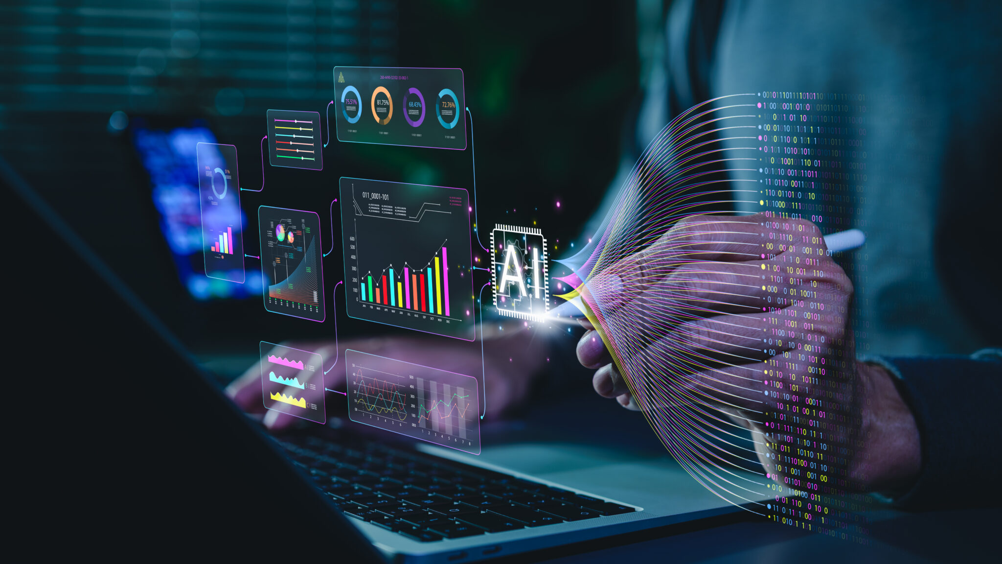 Artificial intelligence data analytics concept. Professional using laptop with dashboard, machine learning charts, real time data processing to generate predictive insights and business intelligence.