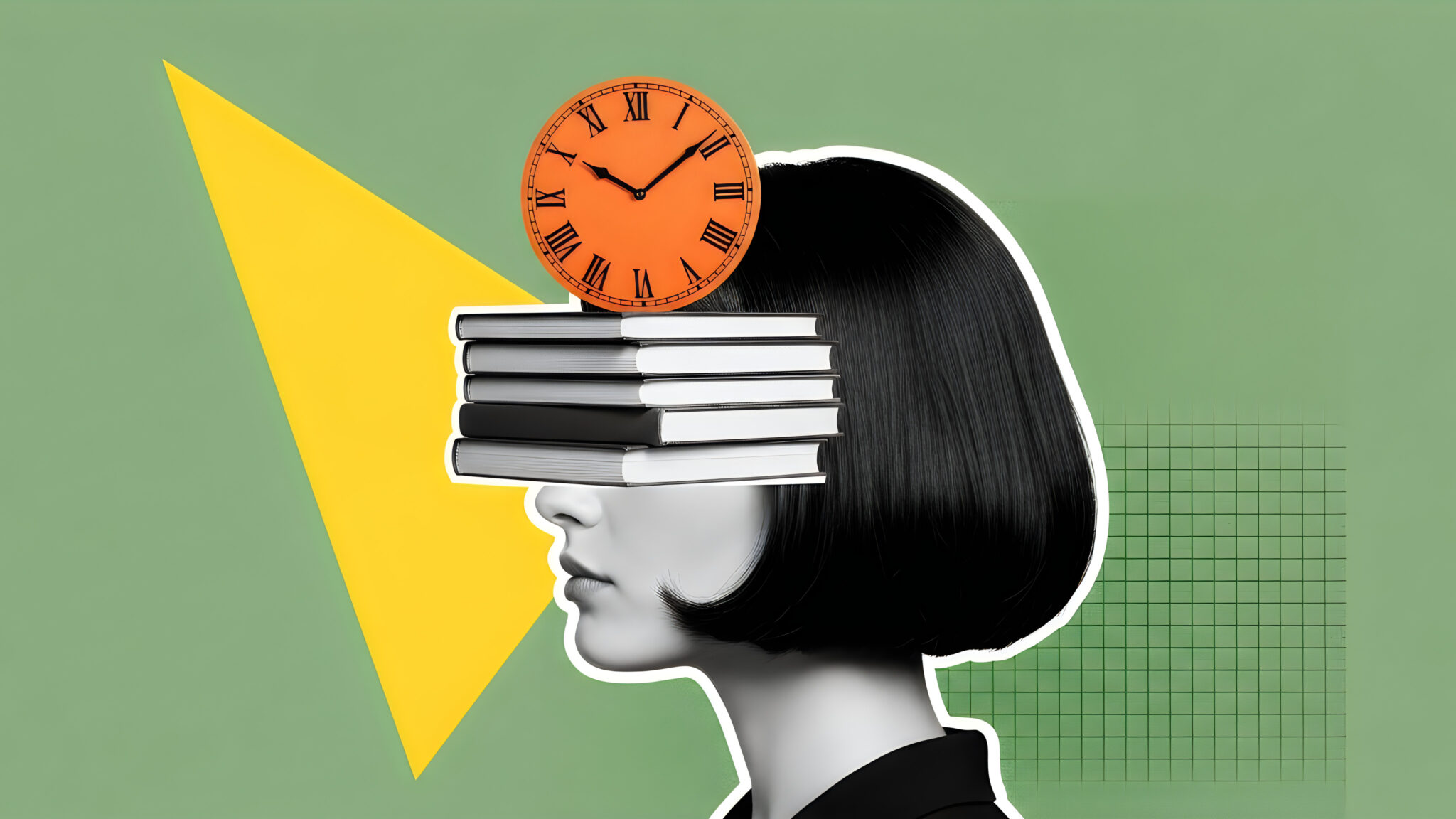 Tired woman with a stack of books, chaos of papers and clock on his head, concept of time management, baggage of knowledge, overwork, cyber hygiene, contemporary art collage, Generative AI