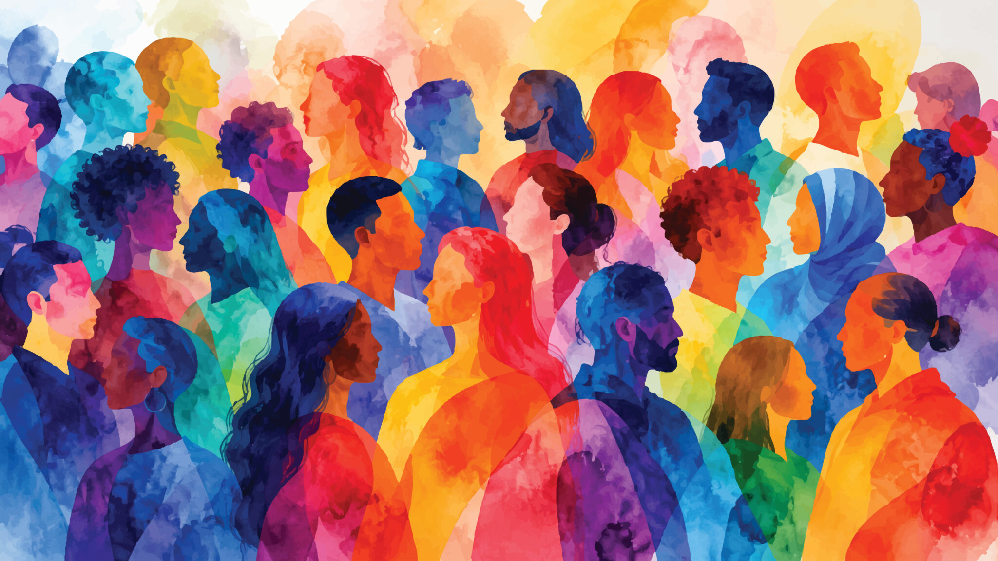 A vibrant abstract watercolor painting of a diverse group of people united featuring colorful layered human portraits, expressive profiles, and inclusive community spirit illustrated in a contemporary