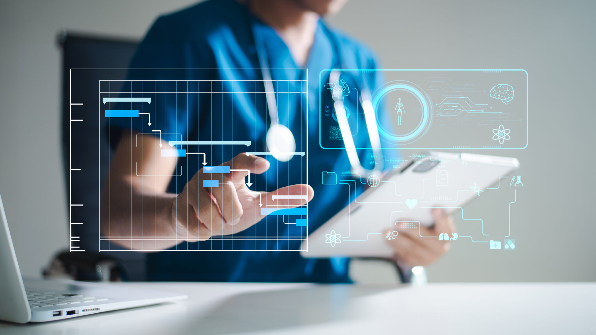 Medical professional using futuristic digital interface with data analytics, AI technology, and healthcare visualization, representing innovation, health tech, and smart medical systems.