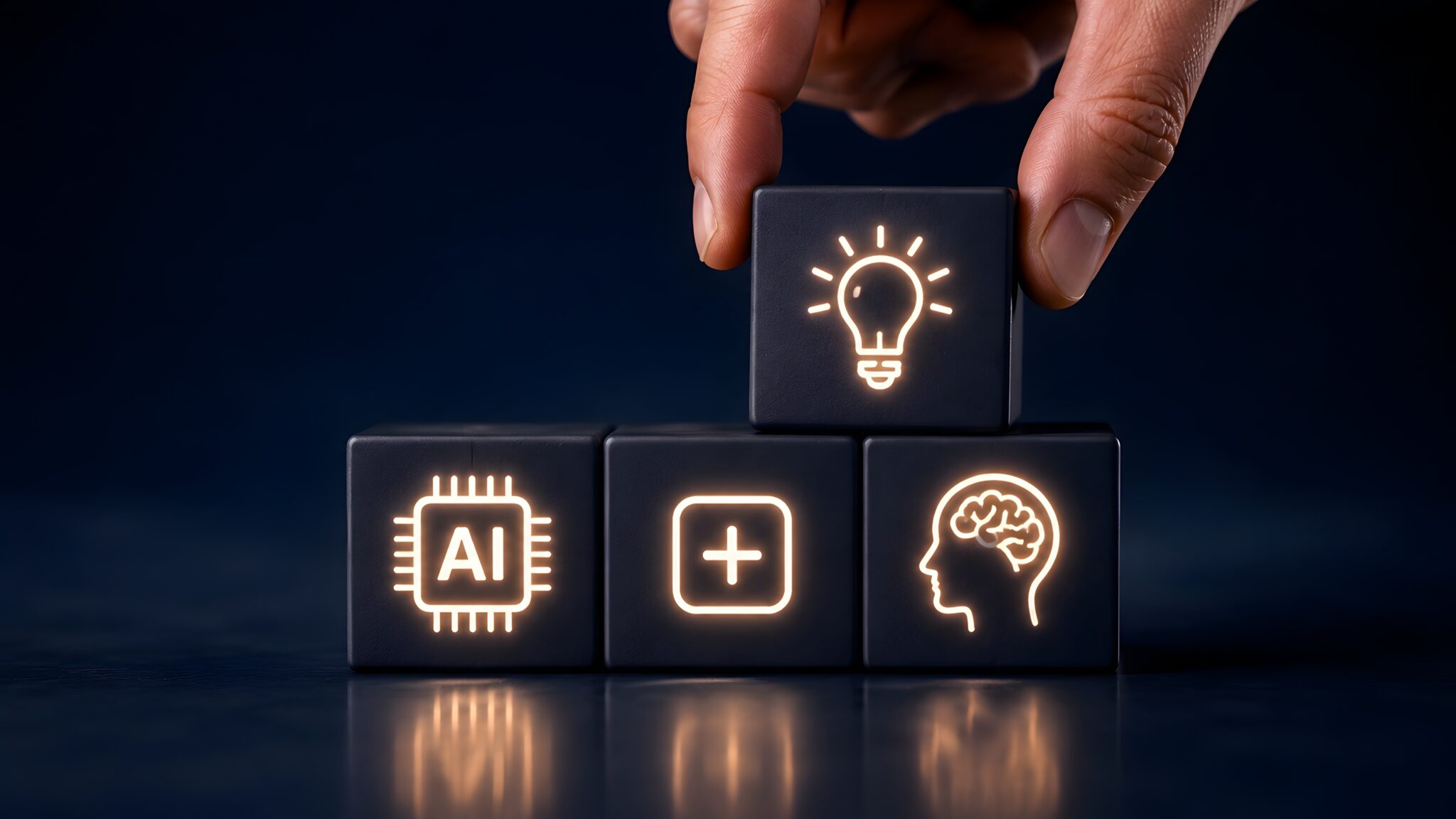 Hand stacking blocks with artificial intelligence and human brain icons combining to create a lightbulb idea representing AI assisted innovation.