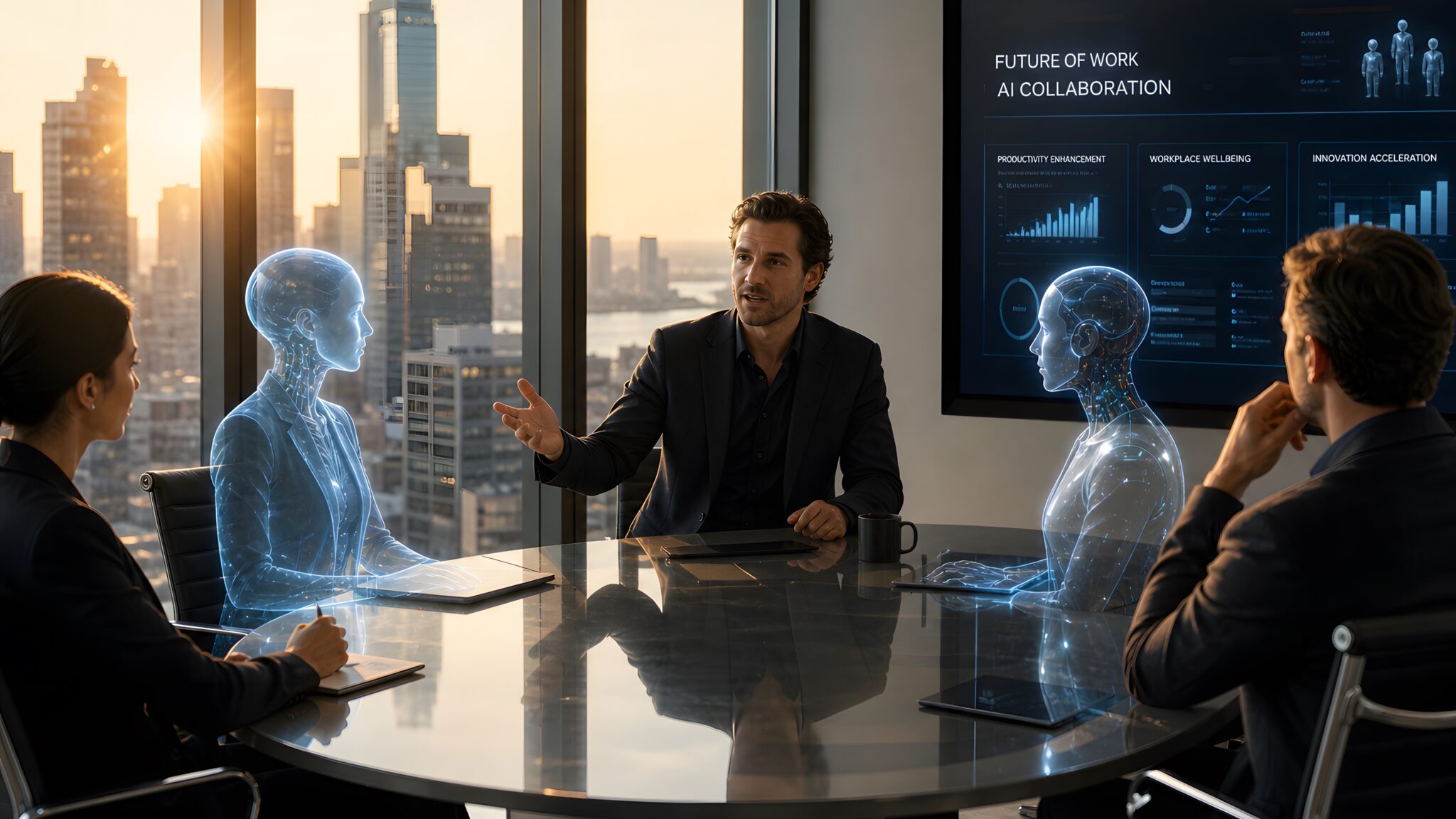 Business professionals collaborating with artificial intelligence holographic avatars in a modern city office boardroom.