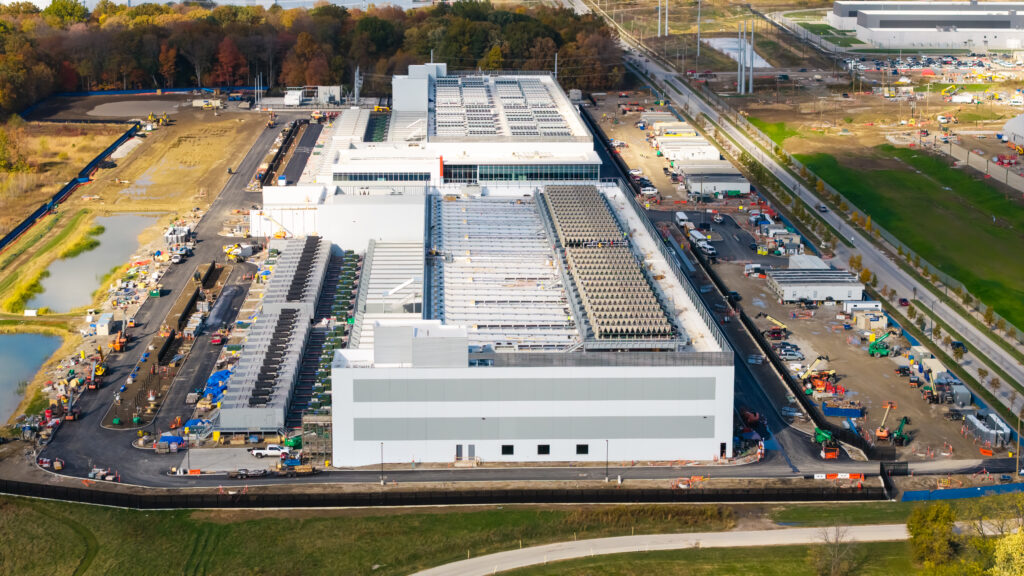 Aerial view of construction of new massive Data center at the suburbs of Columbus city, ohio.