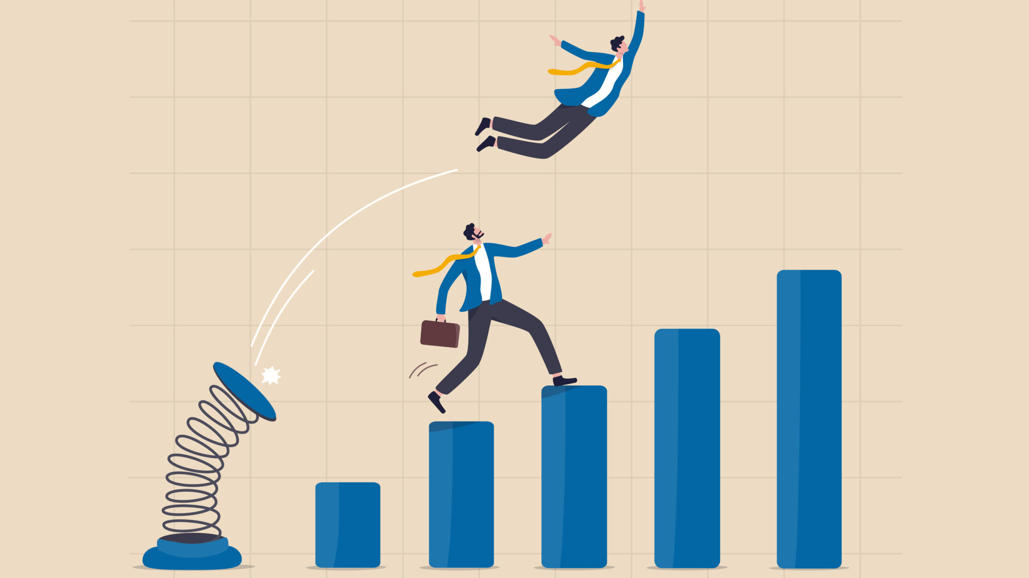 Competitive advantage or innovation to outsmart and overtake business winning, strategy or smart way to win business or career growth concept, businessman jumping springboard to outsmart competitor.